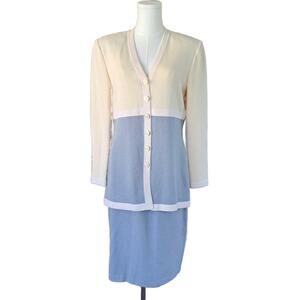 ST. JOHN Santana Knit Cream Blue Suit  Small Skirt Cardigan/Jacket 2-Piece Set